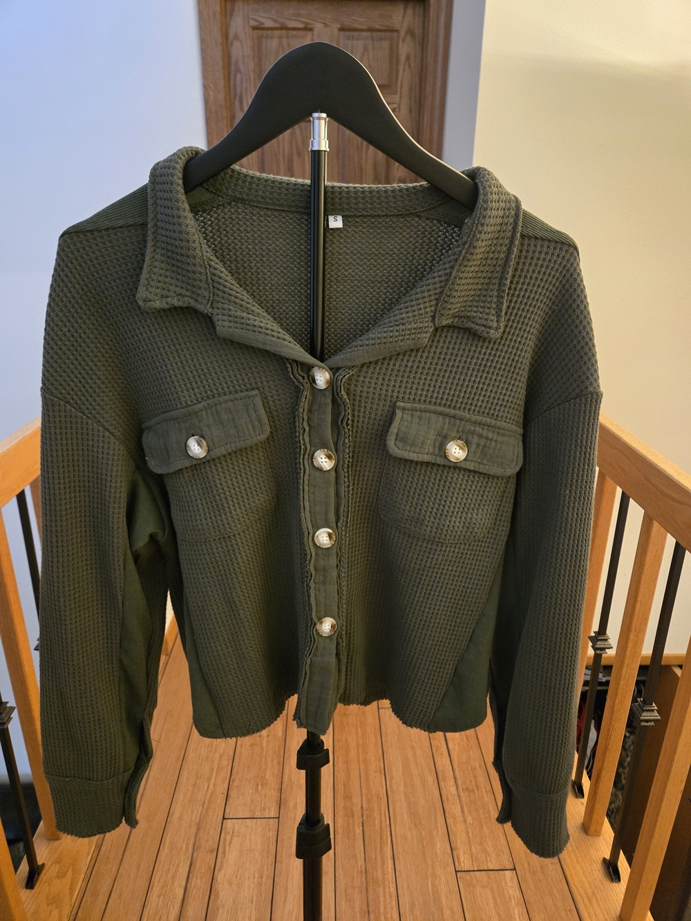 Olive Green Waffle-Knit Button-Front Cropped Jacket
